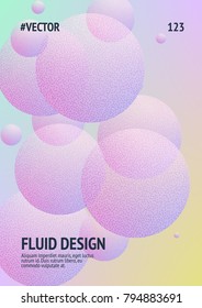 Minimal shapes cover with holographic fluid and halftone dots texture. Gradient shapes on vibrant background. Modern template for placard, presentation, banner. Minimal shapes cover in neon colors.