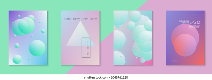 Minimal shapes cover set with holographic fluid. Gradient on vibrant background. Trendy hipster template for placard, presentation, banner, flyer, brochure. Minimal shapes cover in neon colors.