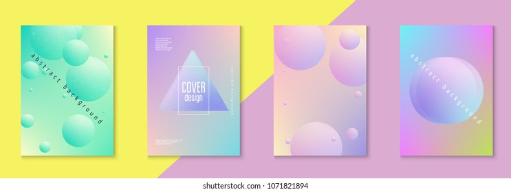 Minimal shapes cover set with holographic fluid. Gradient on vibrant background. Trendy hipster template for placard, presentation, banner, flyer, brochure. Minimal shapes cover in neon colors.