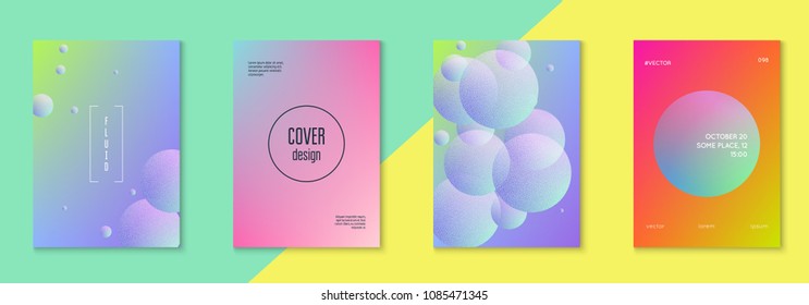 Minimal shapes cover set with holographic fluid. Gradient on vibrant background. Modern hipster template for placard, cover, banner, flyer, presentation, annual. Minimal shapes cover in neon colors.