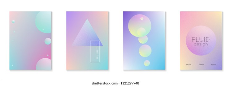 Minimal shapes cover set with holographic fluid. Gradient shapes on vibrant background. Modern hipster template for placard, presentation, banner, flyer, brochure. Minimal shapes cover in neon colors.