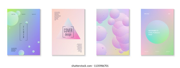 Minimal shapes cover set with holographic fluid. Gradient shapes on vibrant background. Modern hipster template for placard, presentation, banner, flyer, brochure. Minimal shapes cover in neon colors.