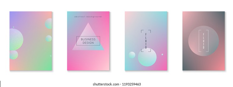 Minimal shapes cover set with holographic fluid. Gradient shapes on vibrant background. Modern hipster template for placard, presentation, banner, flyer, brochure. Minimal shapes cover in neon colors.