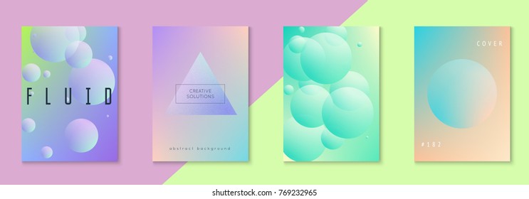 Minimal shapes cover set with holographic fluid. Gradient on vibrant background. Trendy hipster template for placard, presentation, banner, flyer, brochure. Minimal shapes cover in neon colors.