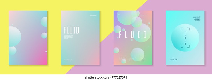 Minimal shapes cover set with holographic fluid. Gradient on vibrant background. Modern hipster template for placard, cover, banner, flyer, presentation, annual. Minimal shapes cover in neon colors.