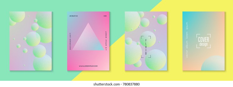Minimal shapes cover set with holographic fluid. Gradient on vibrant background. Modern hipster template for placard, presentation, banner, flyer, brochure. Minimal shapes cover in neon colors.