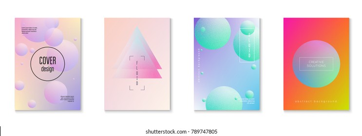 Minimal shapes cover set with holographic fluid. Gradient shapes on vibrant background. Modern hipster template for placard, presentation, banner, flyer, brochure. Minimal shapes cover in neon colors.