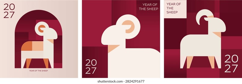 Minimal Sheep Side View 2027 Year of the Sheep Commemorative Card Red Wine Gradient Background Illustration
