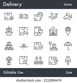Minimal Shipping and Delivery vector line icon set. Contains linear outline icons like Logistic, Freight, Supply, Truck, Express, Package, Return, Arrow. Editable use and stroke for Web.