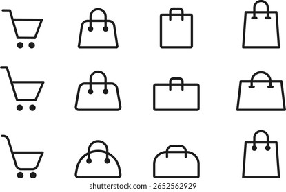 Minimal shopping cart and bag icons in line style for e-commerce, UI design, or retail business illustration