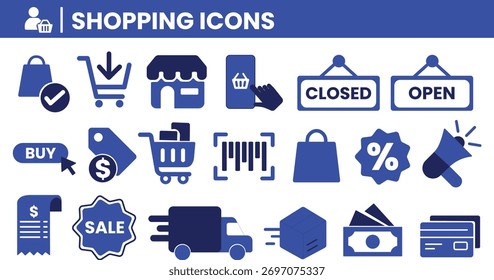 Minimal shopping and Ecommerce icon set in filled duotone style for UI UX web banners, and apps. Pixel perfect grid consistent corners, editable vector.