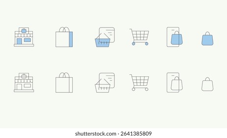 Minimal shopping and e-commerce icons — outline and colored versions. Includes store, cart, bag, mobile shopping, and receipt icons