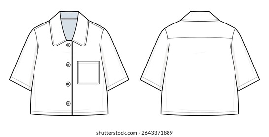 Minimal Short-Sleeve Shirt Technical Fashion Illustration. Boxy Shirt with Single Chest Pocket Vector Template. Front and Back View. Button-Up Design. Wide Collar. Women’s Wear. CAD Mockup set.
