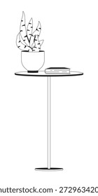 Minimal side table with snake plant and book 2D line object. Tabletop hardcover novel, flowerpot. Indoor greenery, furniture isolated clipart vector ink outline item. Monochrome spot illustration