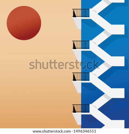 Minimal side view of the blue vintage oldies apartment building with balcony and fire staircase on the sunrise orange sky