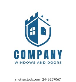 Minimal silhouette of castle fortress shield windows and door modern blue logo