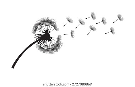 Silueta mínima de un tallo de diente de león con una cabeza de semilla parcialmente intacta, delicadas semillas a la derecha en una suave brisa.