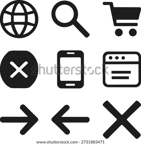 Minimal silhouette icon set for web and app interfaces including globe, search, shopping cart, close button, mobile device, browser window, arrows, and navigation symbols.