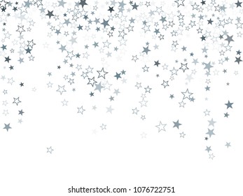 Minimal silver glitter falling stars vector template for birthday party, wedding invitation card, flyer, voucher, holiday banner.  Silver sparkle stars grey confetti glitter on white background