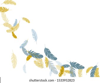 Minimal silver gold feathers vector background. Soft plumelet native indian ornament. Falling feather elements soft vector design. Wildlife nature isolated plumage.