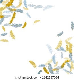 Minimal silver gold feathers vector background. Falling feather elements soft vector design. Soft plumelet native indian ornament. Plumage trendy fashion shower decor.