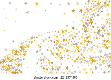 Minimal silver and gold stars falling vector wallpaper. Little starburst spangles Noel decoration confetti. Party decor stars falling backdrop. Sparkle confetti gift decor.