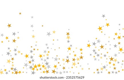 Minimal silver and gold stars random scatter wallpaper. Little starburst spangles birthday decoration particles. Celebration stars random texture. Sparkle elements gift decor.
