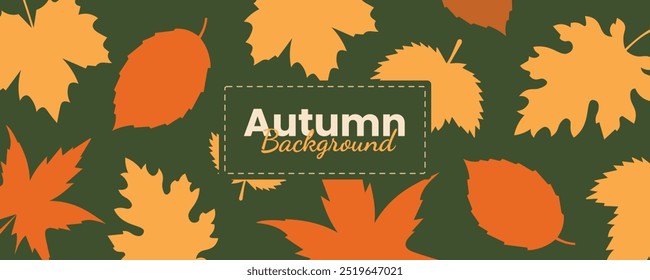 Fundo de outono simples mínimo com folhas secas caídas coloridas no fundo verde. Banner abstrato horizontal com espaço de cópia para texto outono venda brilhante banner vibrante, cartaz, modelo de design de capa