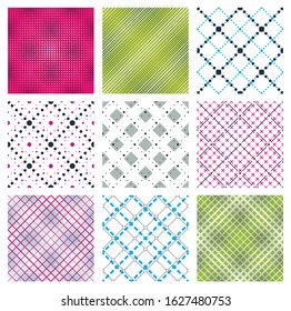 Minimal simple geometric seamless patterns set, vector abstract backgrounds with lines and dots, wallpapers for web design and print. Colorful swatches.