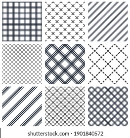Minimal simple geometric seamless patterns set, vector abstract backgrounds with lines and dashes, wallpapers for web design and print. Black and white swatches.