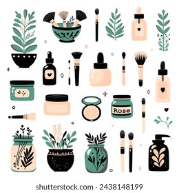 Minimal simple hand drawn outline feminine infographic for fashion, spa, beauty, make up bloggers. set of symbol for body skin care. 