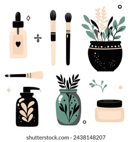 Minimal simple hand drawn outline feminine infographic for fashion, spa, beauty, make up bloggers. set of symbol for body skin care. 