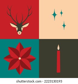 Minimal, simple holiday icon set: reindeer, stars, poinsettia, candle in greens, reds, off-white, and gray. Danish or modern illustration style.