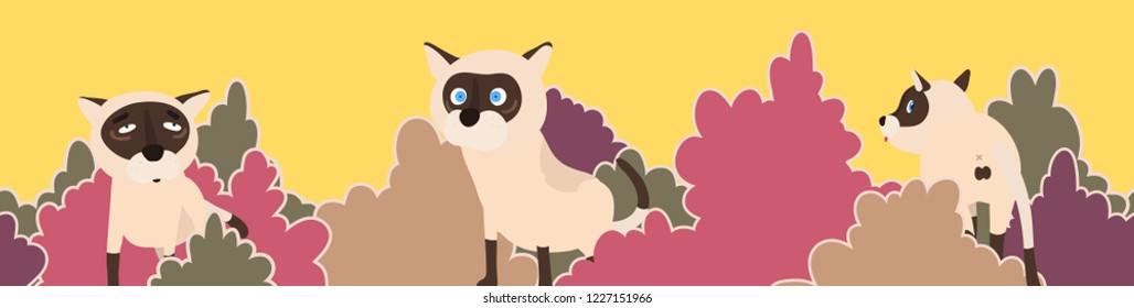 minimal and simple horizon seamless pattern of siamese cats and bush in flat cartoon design