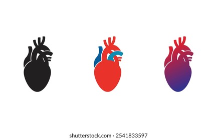 Minimal or simple symbol of Human Heart in various colours.  Human organ silhouette. Vector illustration isolated on white background.