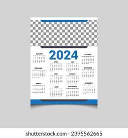 Minimal simple Upcoming 2024 One-page wall calendar design vector template, wall calendar design 2024-year, one page calendar design 