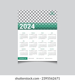 Minimal simple Upcoming 2024 One-page wall calendar design vector template, wall calendar design 2024-year, one page calendar design 