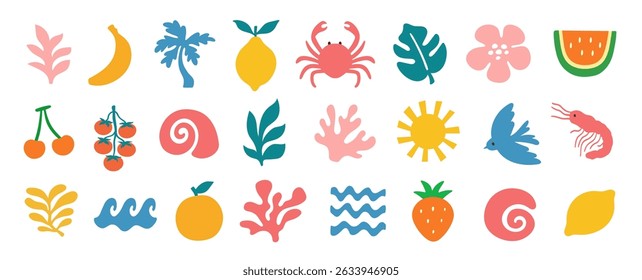 Minimal simple wavy naive groovy doodle icon summer tropical set