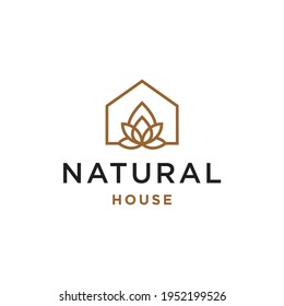 minimal and simple yoga lotus house icon vector logo with beautiful plant tree flower, organic house, cottage forrest design illustration 