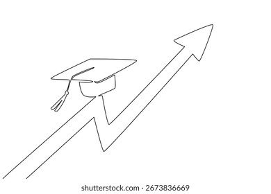 A minimal single line drawing of a graduation cap riding on an upward arrow, symbolizing growth, progress, and success in education for National Higher Education Day in a business concept style.