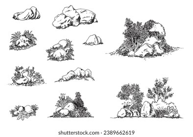 Minimal sketch style cad rock, stone line drawing, Side view, set of graphics decorate elements outline symbol for architecture and landscape design. Vector illustration stroke fill in white. Garden