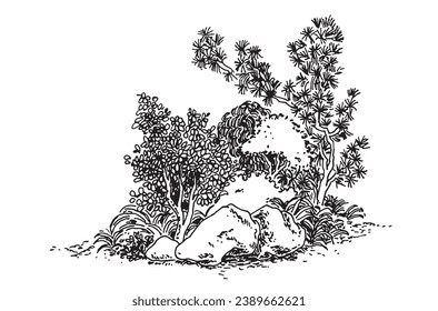 Minimal sketch style cad tree line drawing, Side view, set of graphics trees elements outline symbol for architecture and landscape design drawing. Vector illustration in stroke fill in white.