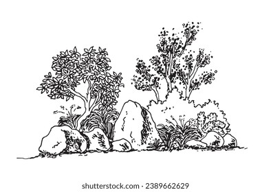 Minimal sketch style cad tree line drawing, Side view, set of graphics trees elements outline symbol for architecture and landscape design drawing. Vector illustration in stroke fill in white.