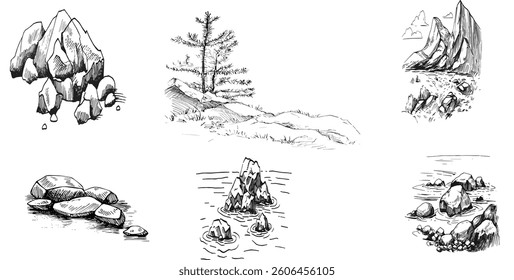 Minimal sketch style cad tree stone line drawing, Side view, set of graphics trees elements outline