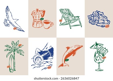 Minimal sketch style travel vector illustration set. Art for postcards, branding, logo design, greeting cards, menu, wedding invitations.