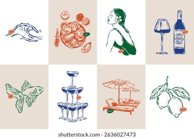 Minimal sketch style travel vector illustration set. Art for postcards, branding, logo design, greeting cards, menu, wedding invitations.