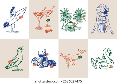 Minimal sketch style travel vector illustration set. Art for postcards, branding, logo design, greeting cards, menu, wedding invitations.