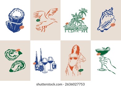 Minimal sketch style travel vector illustration set. Art for postcards, branding, logo design, greeting cards, menu, wedding invitations.