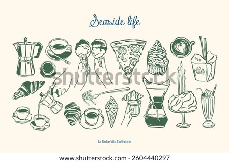 Minimal sketch style vector illustration collection. Food and beverages doodles. Art for postcards, print posters, packaging design.	