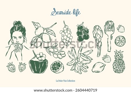 Minimal sketch style vector illustration collection. Food and beverages doodles. Art for postcards, print posters, packaging design.	